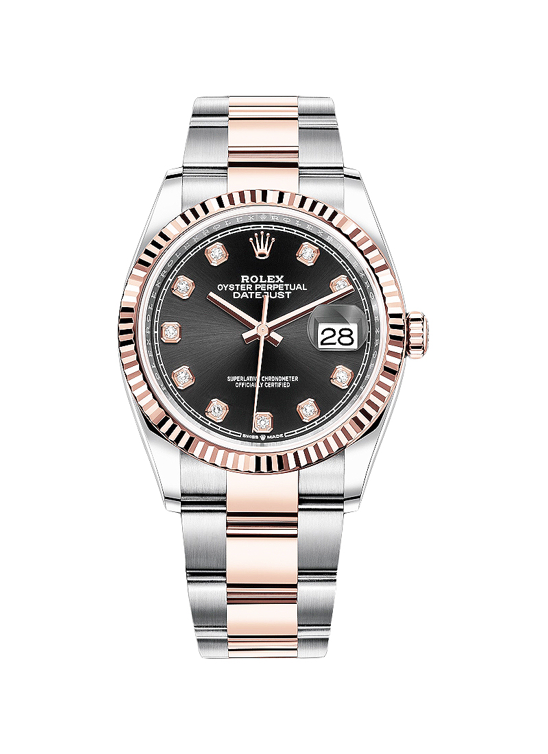 Datejust 36mm in Steel with Rose Gold Fluted Bezel on Oyster Bracelet with Black Diamond Dial