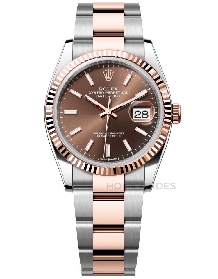 Datejust 36mm in Steel with Rose Gold Fluted Bezel on Oyster Bracelet with Chocolate Stick Dial