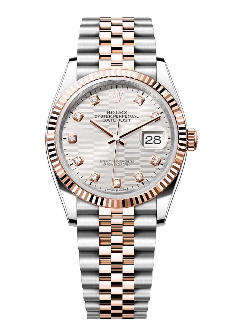 Datejust 36mm in Steel with Rose Gold Fluted Bezel on Jubilee Bracelet with Silver Fluted Motif Diamond Dial