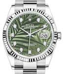 Datejust 36mm in Steel with White Gold Fluted Bezel on Oyster Bracelet with Green Palm Motif Diamond Dial
