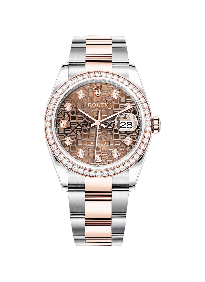 Datejust 36mm in Steel with Rose Gold Diamond Bezel on Oyster Bracelet with Brown Jubilee Diamond Dial