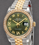 Datejust 36mm in Steel with Yellow Gold Diamond Bezel on Jubilee Bracelet with Green Roman Dial with Diamonds on IV and IX