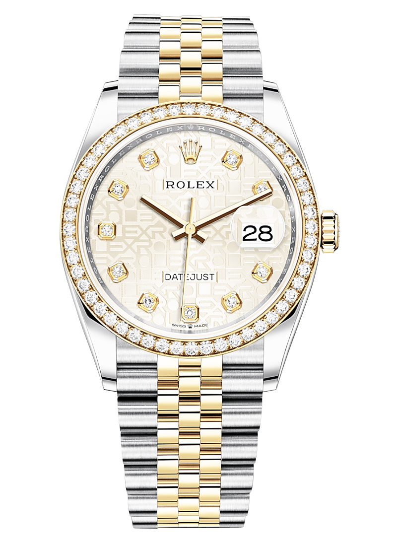 Datejust 36mm in Steel with Yellow Gold Diamond Bezel on Jubilee Bracelet with Silver Jubilee Diamond Dial 