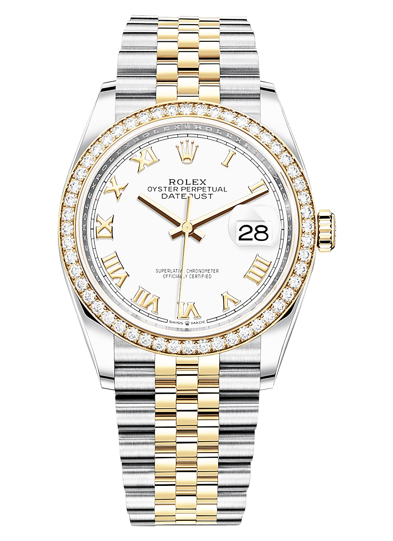 Datejust 36mm in Steel with Yellow Gold Diamond Bezel on Jubilee Bracelet with White Roman Dial
