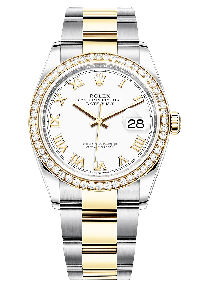 Datejust 36mm in Steel with Yellow Gold Diamond Bezel on Oyster Bracelet with White Roman Dial