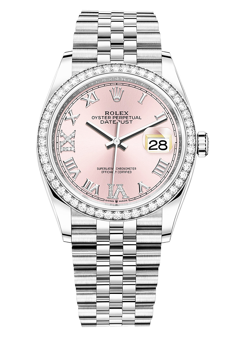 Datejust 36mm in Steel with Diamond Bezel on Jubilee Bracelet with Pink Roman Dial - Diamonds on 6 & 9