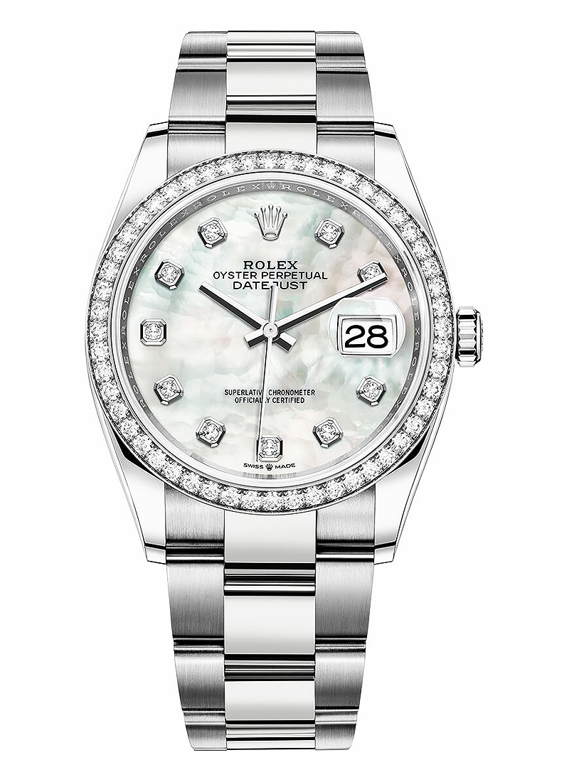 Datejust 36mm in Steel with Diamond Bezel on Oyster Bracelet with MOP Diamond Dial 