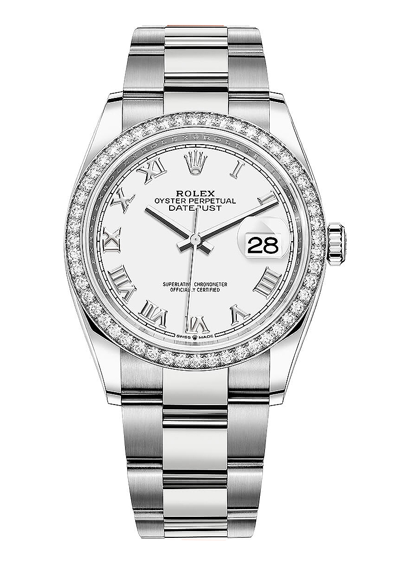 Datejust 36mm in Steel with Diamond Bezel on Oyster Bracelet with White Roman Dial