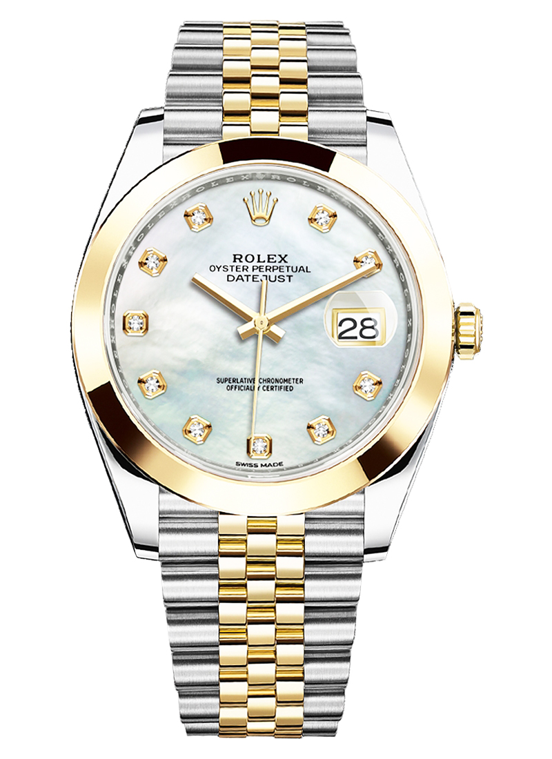 Datejust II 41mm in Steel with Yellow Gold Smooth Bezel on Jubilee Bracelet with MOP Diamond Dial