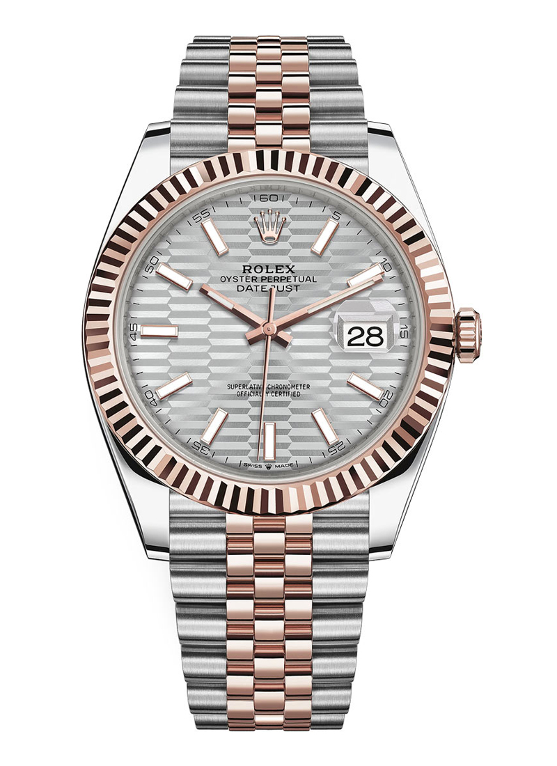 Datejust || 41mm in Steel with Rose Gold Fluted Bezel on Jubilee Bracelet with Silver Motif Stick Dial