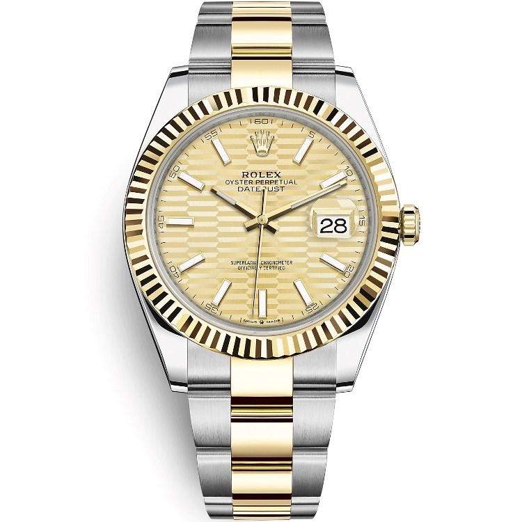 Datejust 41mm in Steel with Yellow Gold Fluted Bezel on Oyster Bracelet with Champagne Fluted Stick Dial