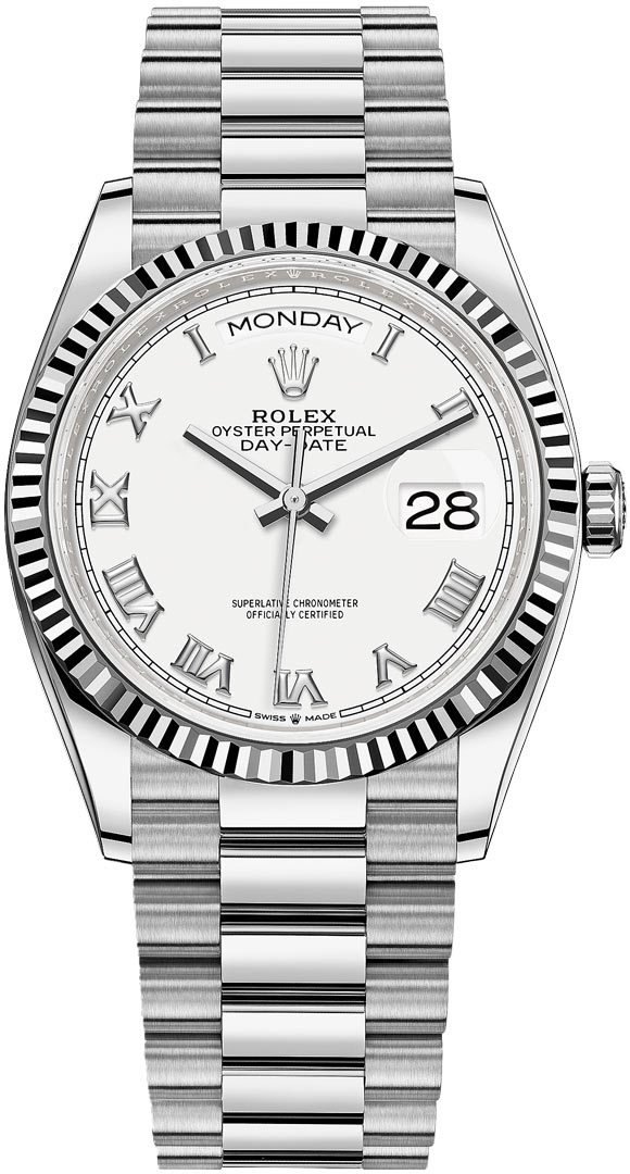 President 36mm Day Date in White Gold with Fluted Bezel on President Bracelet with White Roman Dial