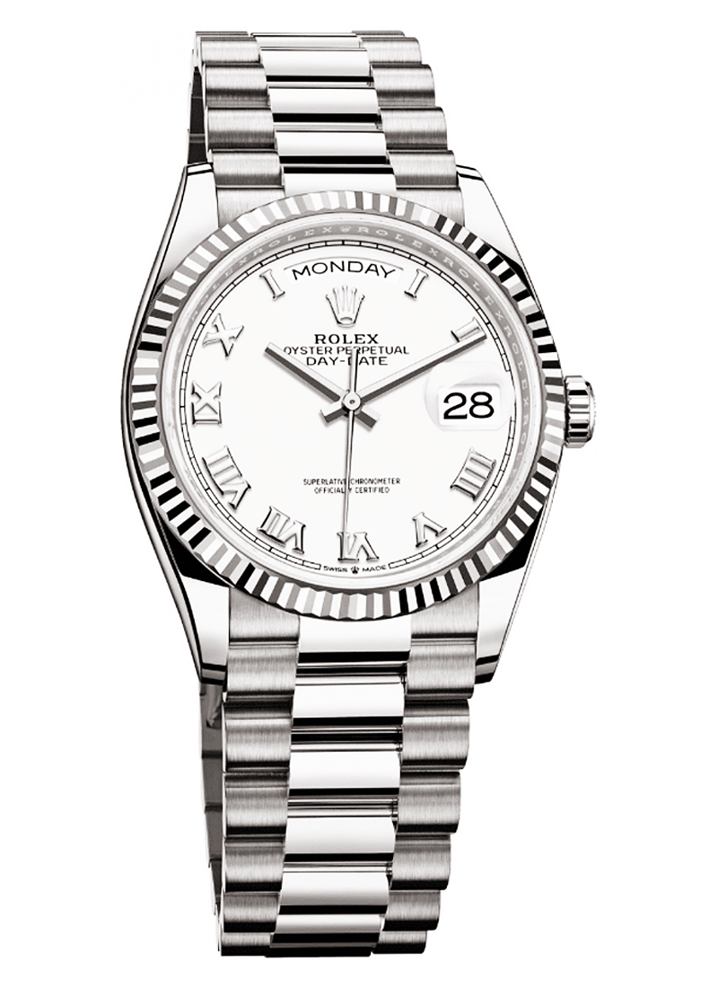 President 36mm Day Date in White Gold with Fluted Bezel on President Bracelet with White Roman Dial