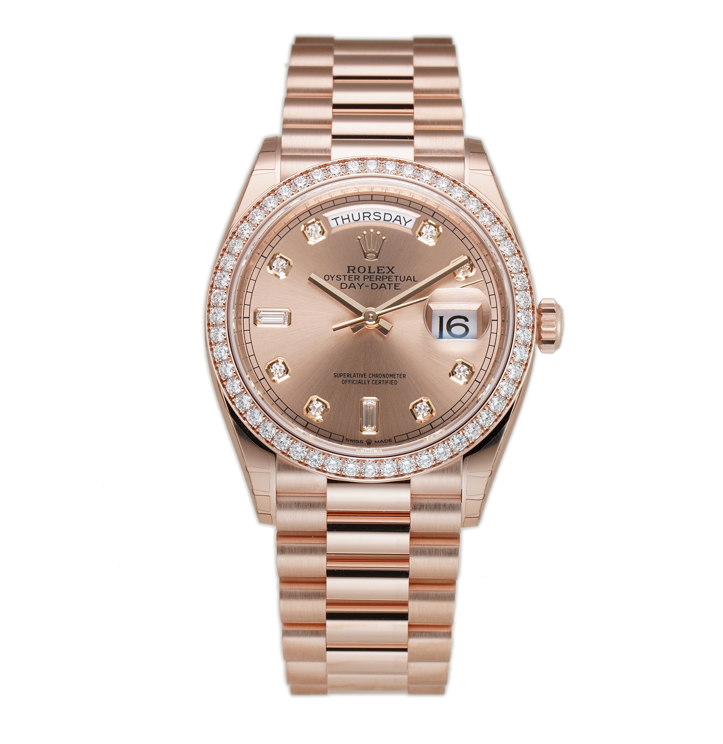 President Day Date in Rose Gold with Fluted Bezel on President Bracelet with Pink Diamond Dial