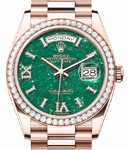 President Day Date in Rose Gold with Fluted Bezel on President Bracelet with Green Aventurine Diamond Dial