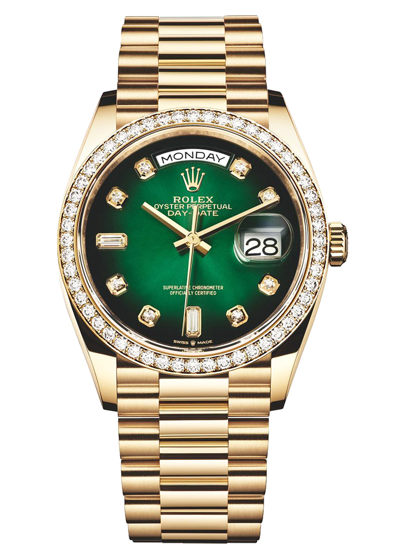 President Day-Date 36mm in Yellow Gold with Diamond Bezel on President Bracelet with Green Diamond Dial