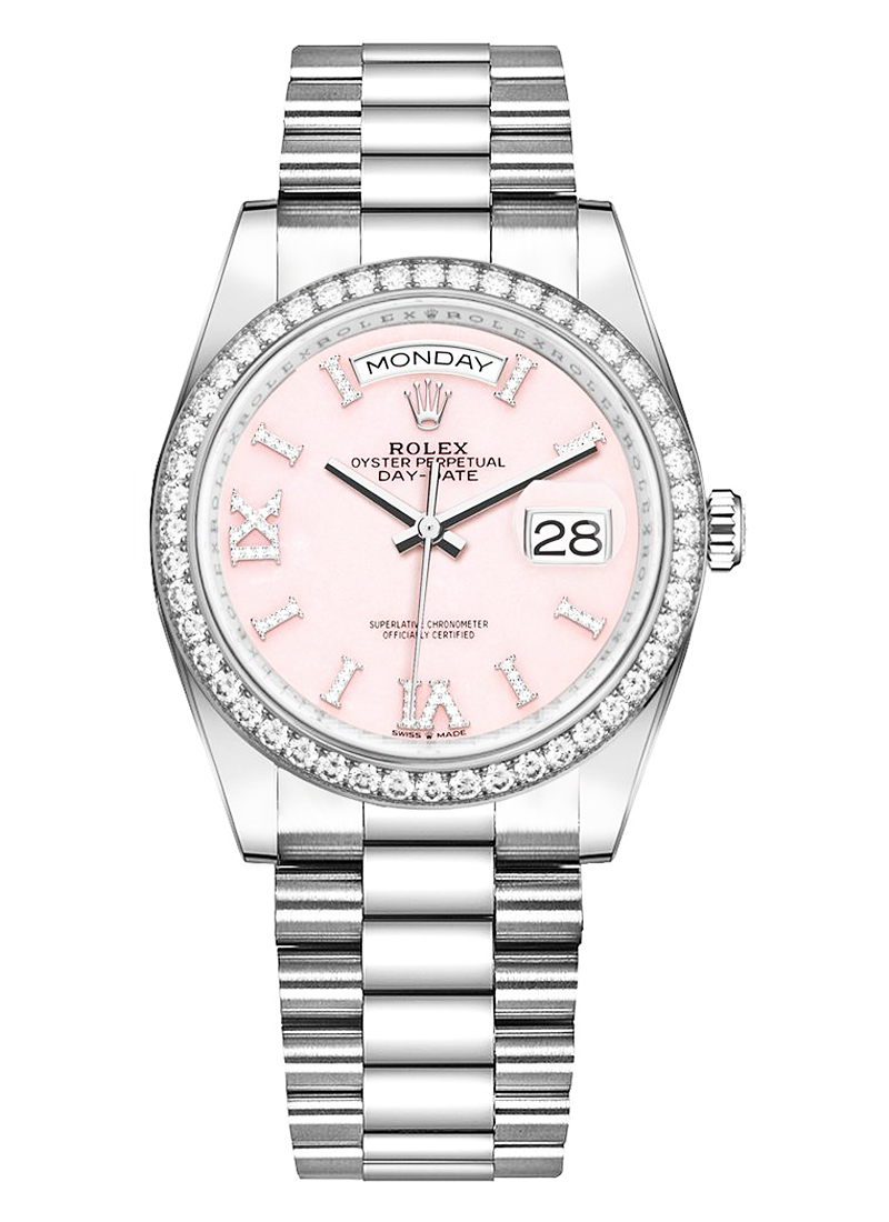 Day-Date 36mm in White Gold with Diamond Bezel on President Bracelet with Pink Roman Diamond Dial