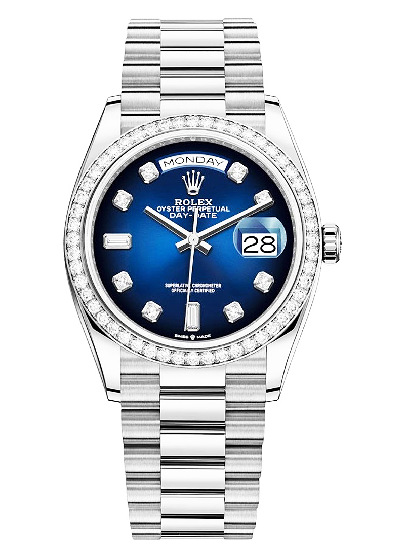 Day-Date 36mm in White Gold with Diamond Bezel on President Bracelet with Blue Ombre Diamond Dial