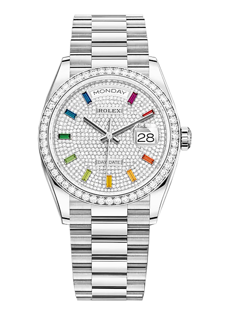 Day-Date 36mm in White Gold with Diamond Bezel on President Bracelet with Pave Diamond Dial - Rainbow Markers