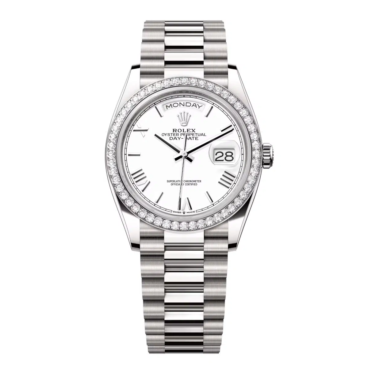 Day-Date 36mm in White Gold with Diamond Bezel on President Bracelet with White Roman Dial 