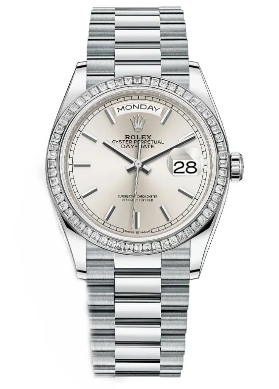 Day-Date 36mm President in Platinum with Diamond Bezel on President Bracelet with Silver Stick Dial