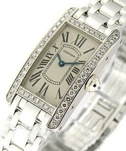 Tank Americain in White Gold with Diamond Bezel on White Gold Bracelet with Silver Roman Dial