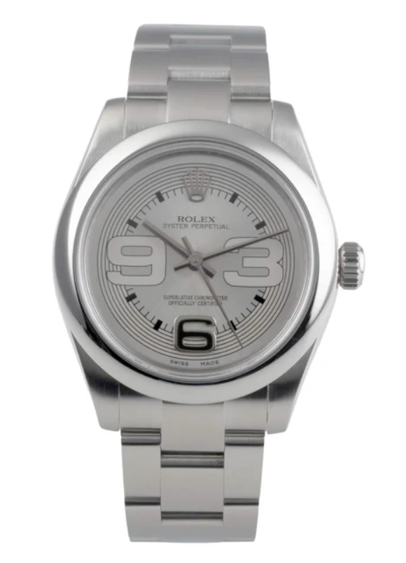 Mid Size Oyster Perpetual in Steel with Smooth Bezel on Oyster Bracelet with Silver Maxi Arabic Dial