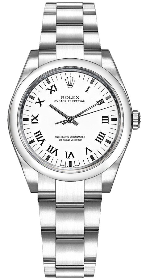 Mid Size Oyster Perpetual in Steel with Smooth Bezel on Oyster Bracelet with White Roman Dial