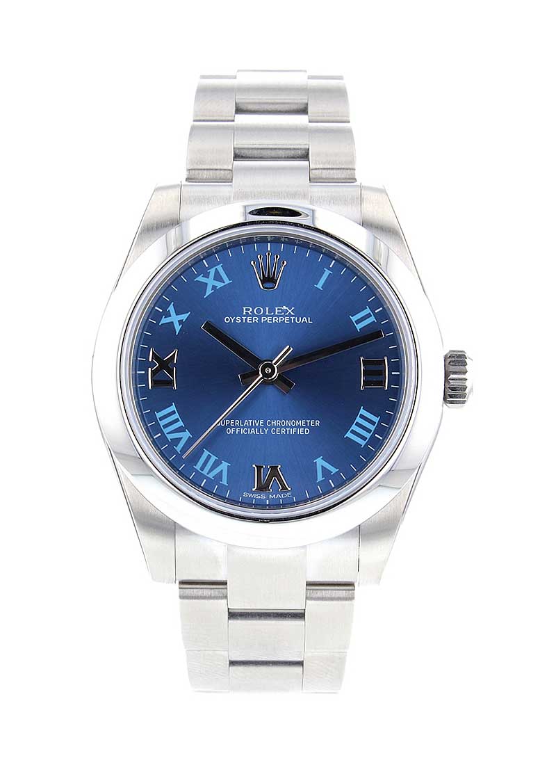 Mid Size Oyster Perpetual in Steel with Smooth Bezel on Oyster Bracelet with Blue Roman Dial