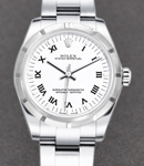 Mid Size 31mm Oyster Perpetual in Steel with Engine Turned Bezel on Oyster Bracelet with White Roman Dial