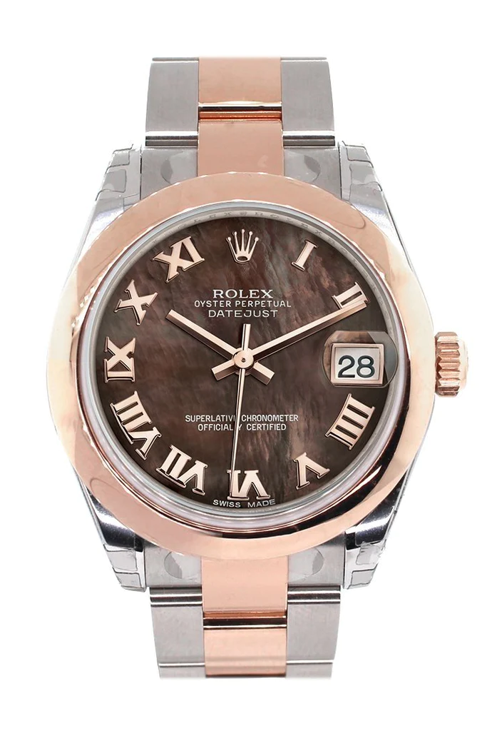 Datejust 31mm in Steel with Rose Gold Domed Bezel on Oyster Bracelet with Black MOP Roman Dial