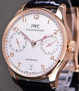 Portuguese 7 Day Automatic in Rose Gold on Brown Crocodile Leather Strap with Silver Dial