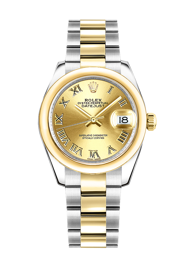 Mid Size Datejust 31mm in Steel with Yellow Gold Domed Bezel on Oyster Bracelet with Champagne Roman Dial