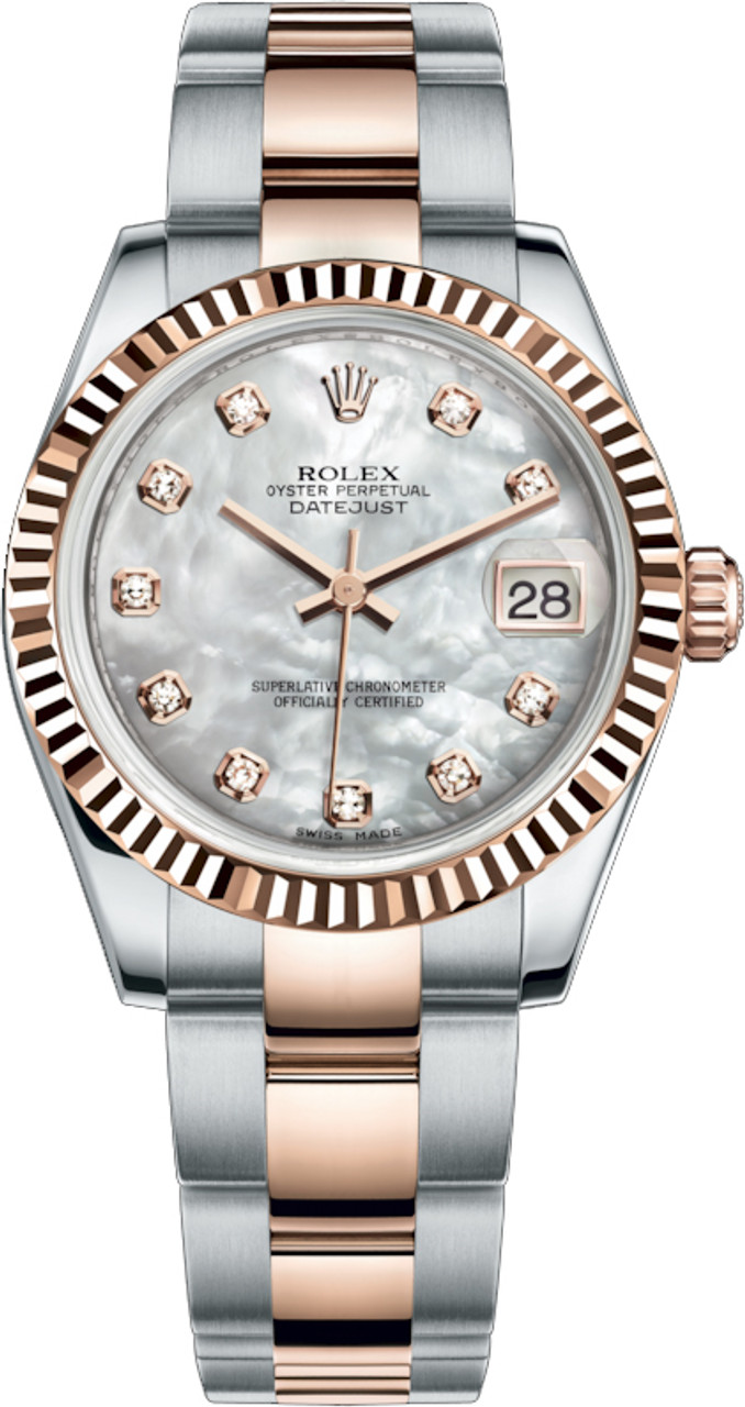 Mid Size Datejust 31mm in Steel with Rose Gold Fluted Bezel on Oyster Bracelet with MOP Diamond Dial