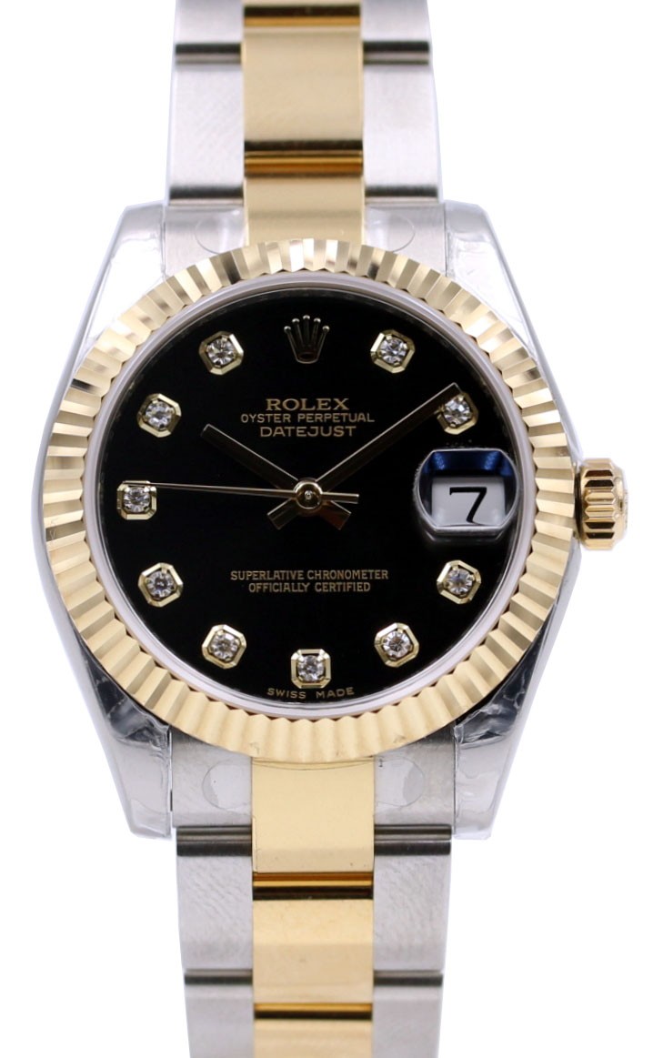 Mid Size Datejust 31mm in Steel with Rose Gold Fluted Bezel on Oyster Bracelet with Black Diamond Dial