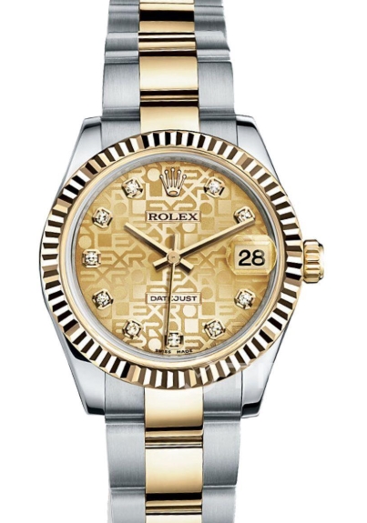 Datejust 31mm in Steel with Yellow Gold Fluted Bezel on Oyster Bracelet with Champagne Jubilee Diamond Dial