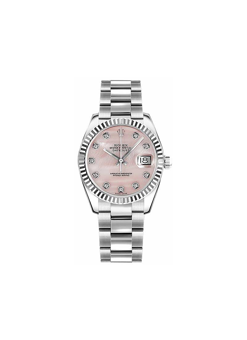 Mid Size Datejust 31mm in Steel with Fluted Bezel on Oyster Bracelet with Pink MOP Diamond Dial