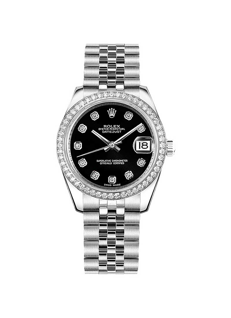 Datejust 31mm in Steel with White Gold Diamond Bezel on Bracelet with Black Diamond Dial