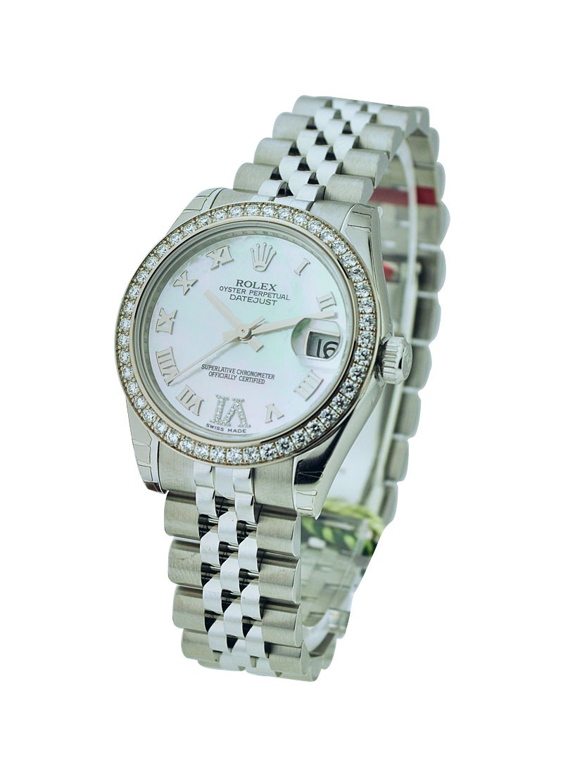 Datejust 31mm in Steel with White Gold Diamond Bezel on Bracelet with MOP Roman Dial