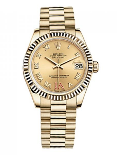 Midsize President 31mm in Yellow Gold with Fluted Bezel on President Bracelet with Champagne Roman Dial
