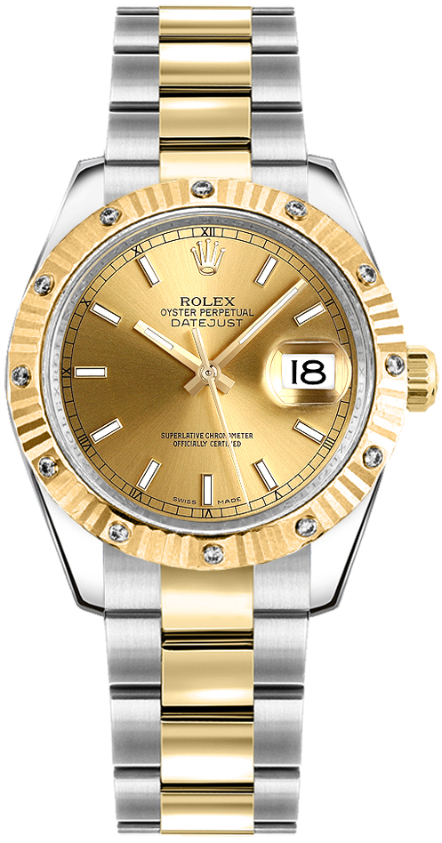 Datejust 31mm in Steel with Yellow Gold Fluted Diamond Bezel on Oyster Bracelet with Champagne Index Dial