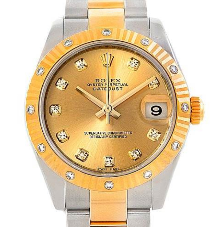 Datejust 31mm in Steel with Yellow Gold Fluted Diamond Bezel on Oyster Bracelet with Champagne Diamond Dial