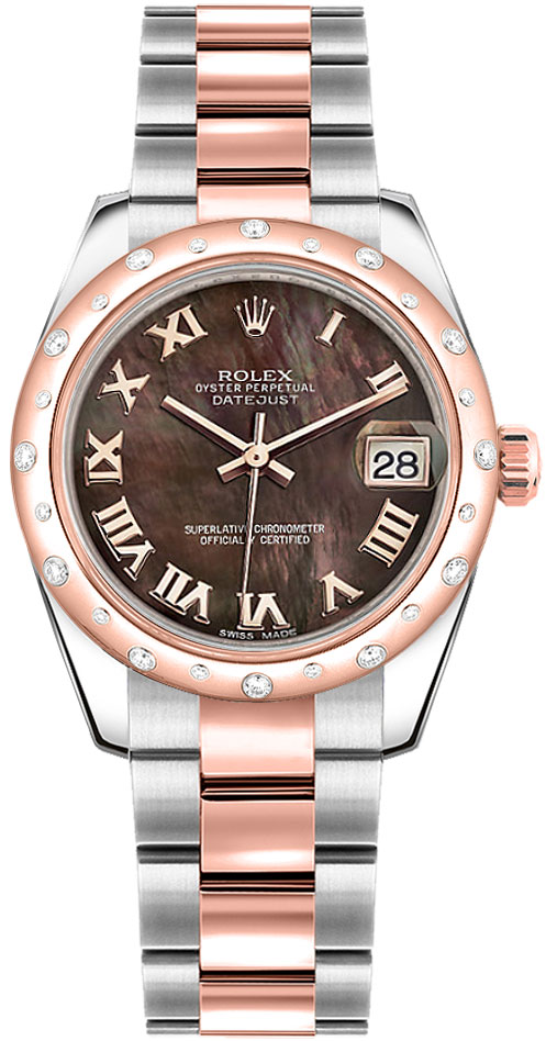 Midsize Datejust 31mm in Steel with Rose Gold Scattered Diamond Bezel on Oyster Bracelet with Black MOP Roman Dial