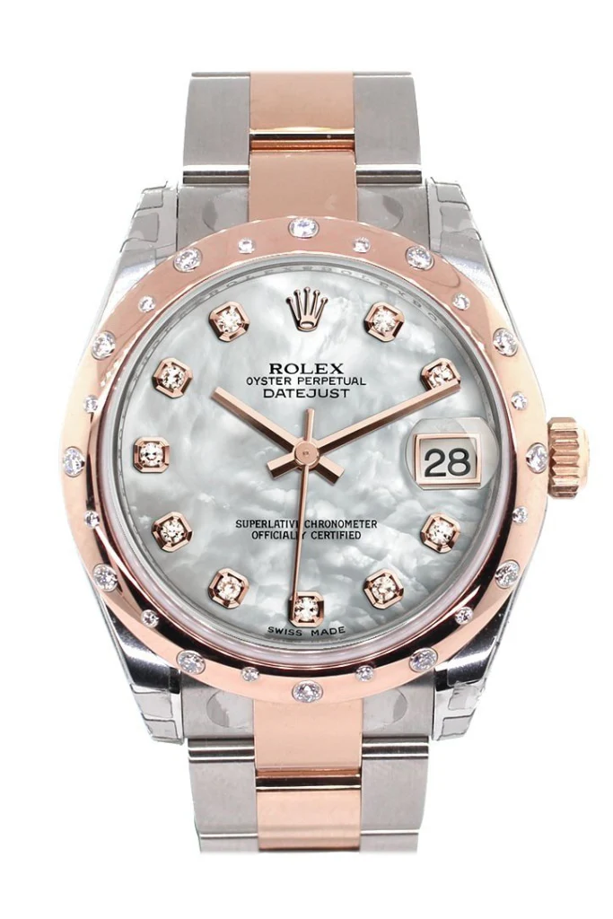 Midsize Datejust 31mm in Steel with Rose Gold Scattered Diamond Bezel on Oyster Bracelet with MOP Diamond  Dial