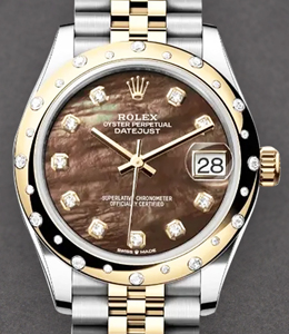 Datejust 31mm in Steel with Yellow Gold Scattered Diamond Bezel on Jubilee Bracelet with Black MOP Diamond Dial