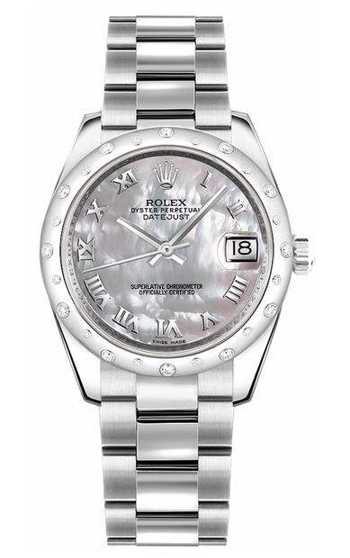 Datejust 31mm in Steel with White Gold Scattered Diamond Bezel on Oyster Bracelet with MOP Roman Dial