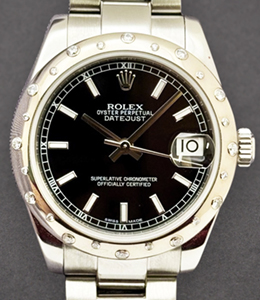 Datejust 31mm in Steel with White Gold Scattered Diamond Bezel on Oyster Bracelet with Black Stick Dial