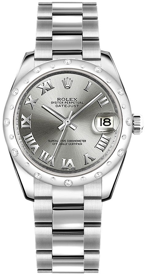 Datejust 31mm in Steel with White Gold Scattered Diamond Bezel on Oyster Bracelet with Rhodium Roman Dial