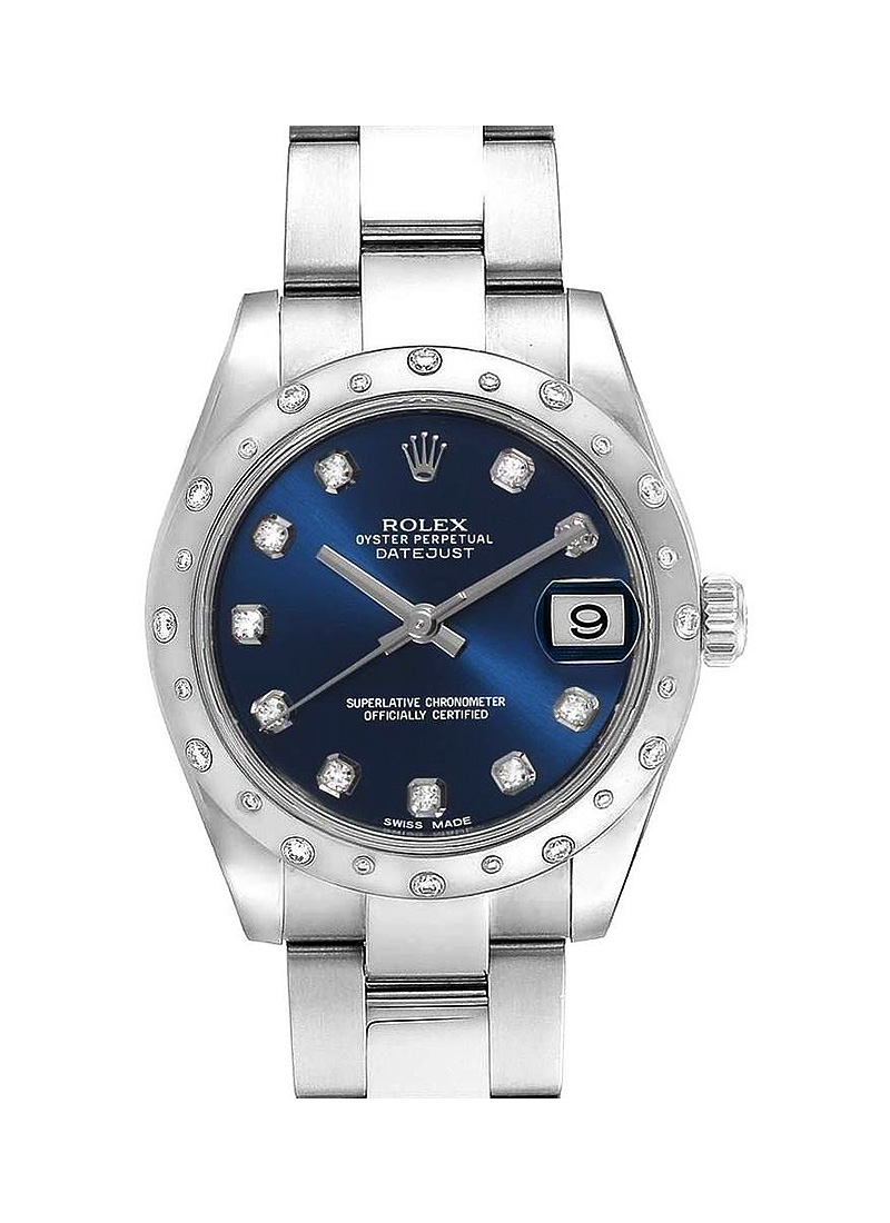 Datejust 31mm in Steel with White Gold Scattered Diamond Bezel on Oyster Bracelet with Blue Diamond Dial