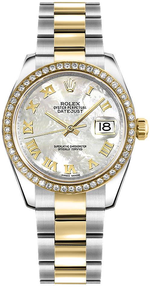 Mid Size Datejust 31mm in Steel with Yellow Gold Diamond Bezel on Oyster Bracelet with MOP Roman Dial